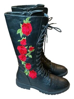 floral embroidered lace-up combat boots